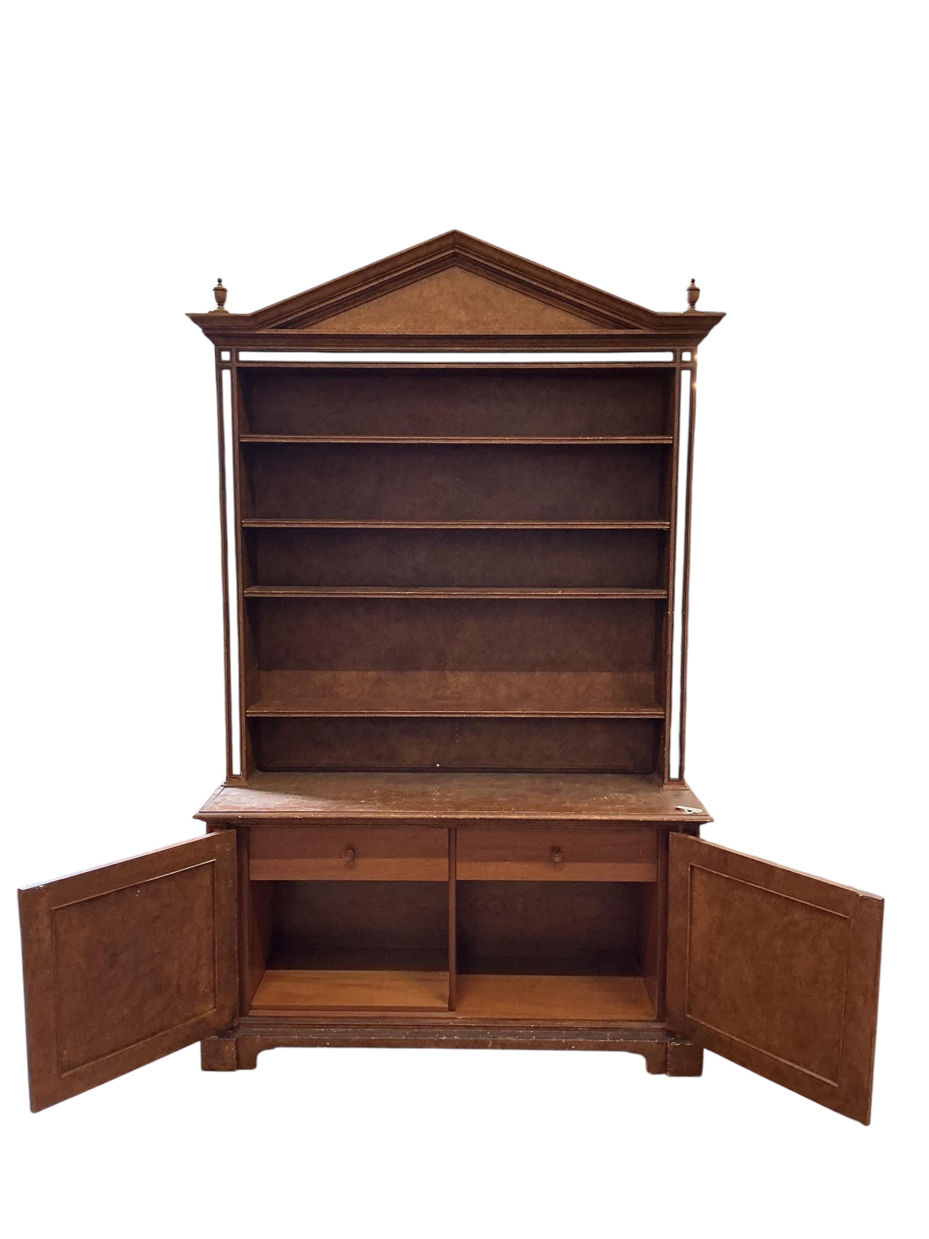 A reproduction George III style oak open library bookcase with painted simulated grain, width 144cm, depth 48cm, height 237cm